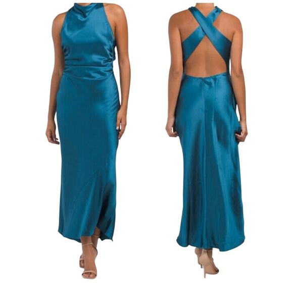NWT House Of Harlow Cowl Neck Gown Women's Size XS Blue Cross Back Dress FLAWS - Picture 1 of 14